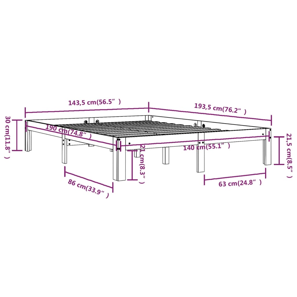 Bed Frame without Mattress White Solid Wood Pine 140x190cm
