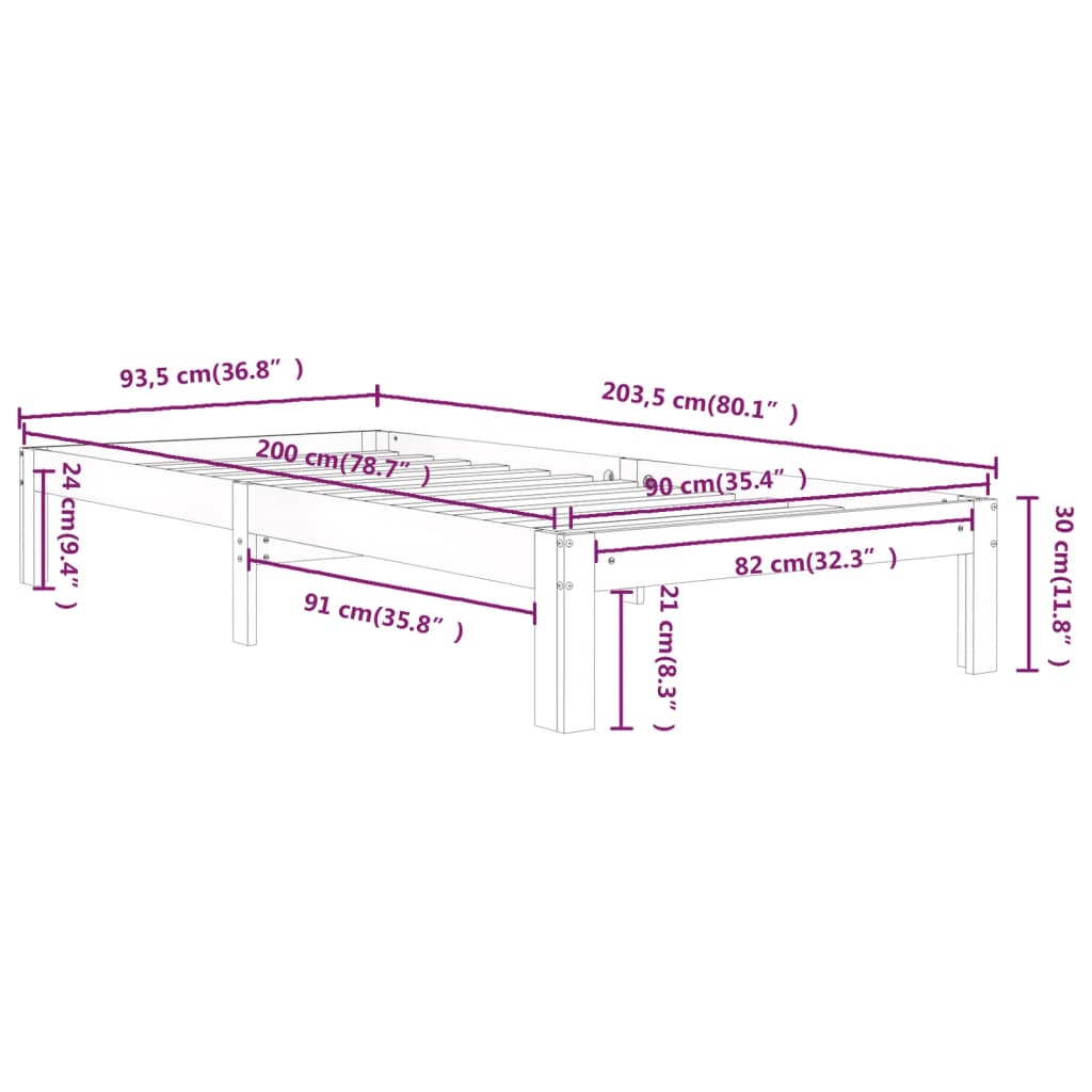 Bed Frame | White | Solid Pine Wood | 90x200 cm | Modern | Bed Frame