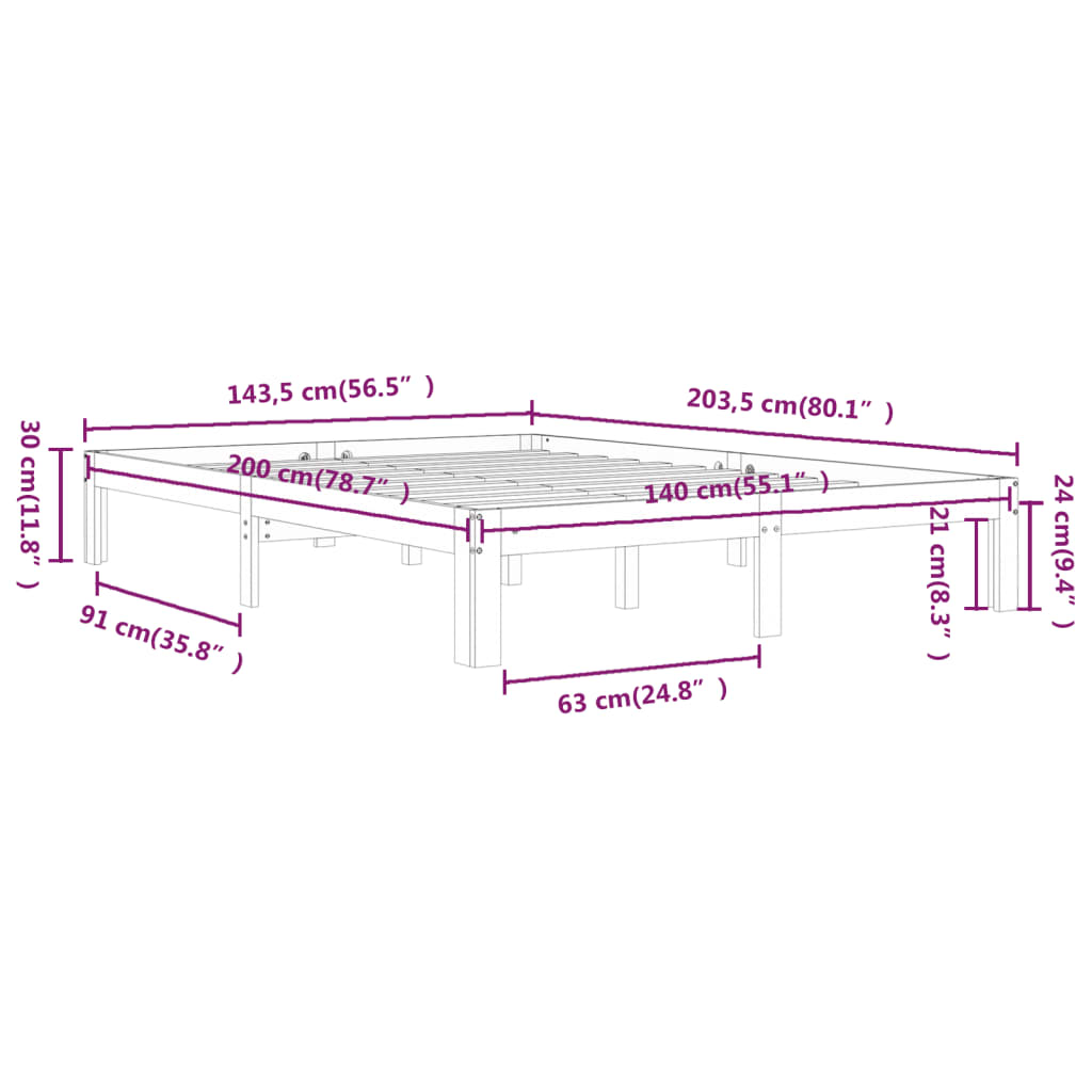 Bed Frame | White | Solid pine wood | 140x200 cm | Durable | Bed Frame