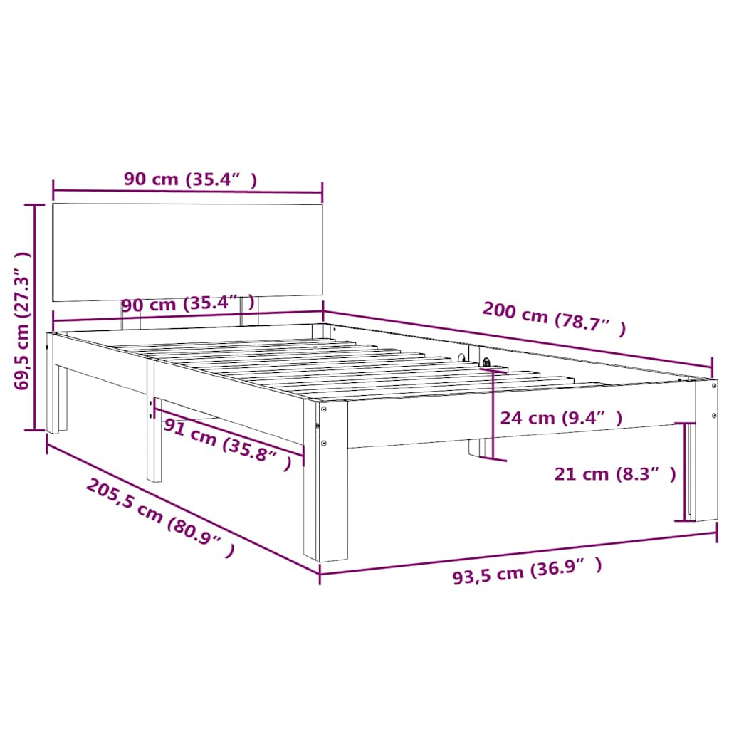 Bed Frame without Mattress White Solid Wood Pine 90x200cm