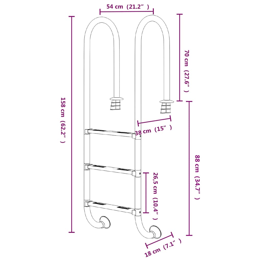 Pool Ladder | Silver | 304 Stainless Steel, Plastic | 54x38x158 cm