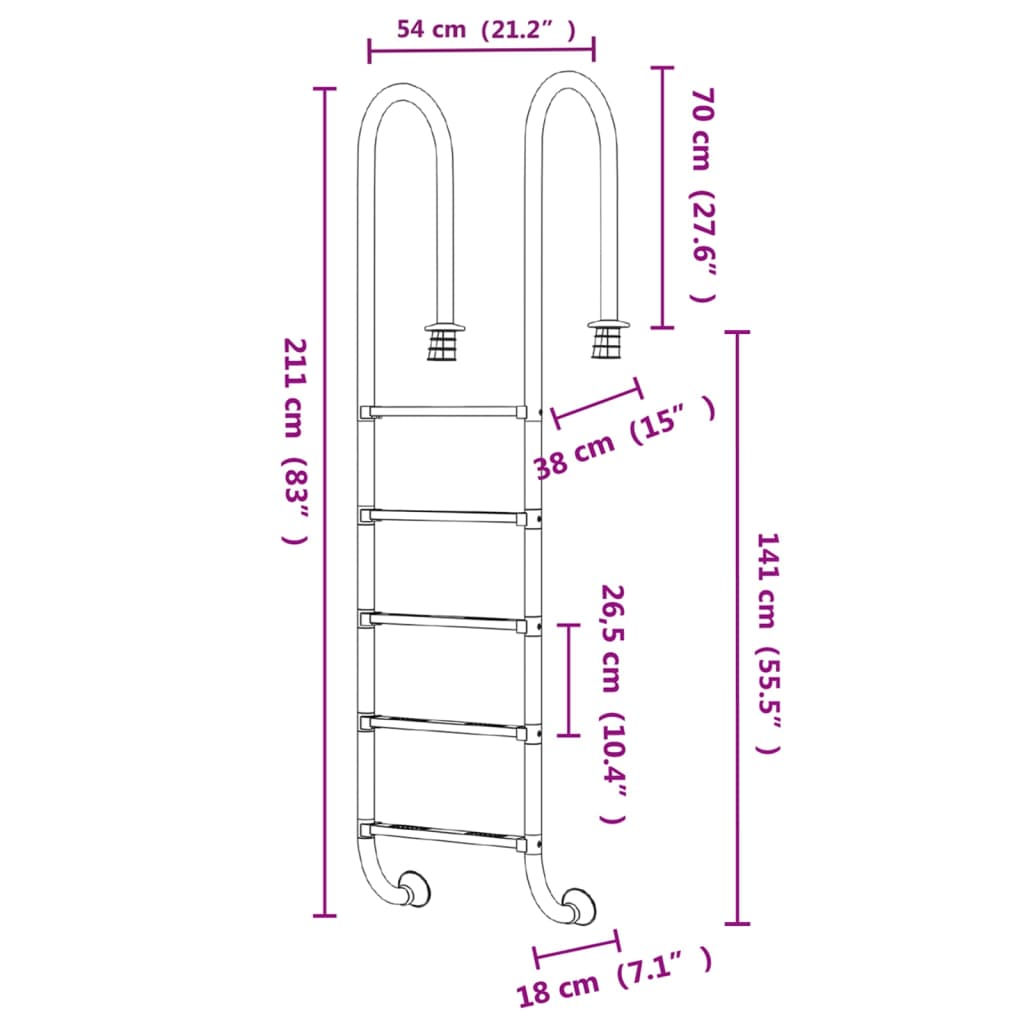 Pool Ladder | Silver | 304 Stainless Steel | Overall Length: 211cm