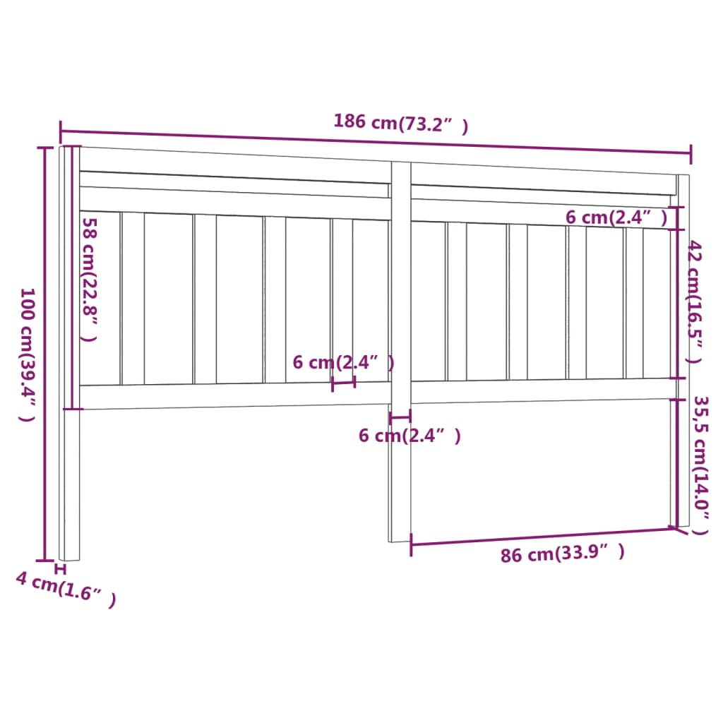 814111 vidaXL Bed Headboard Grey 186x4x100 cm Solid Wood Pine