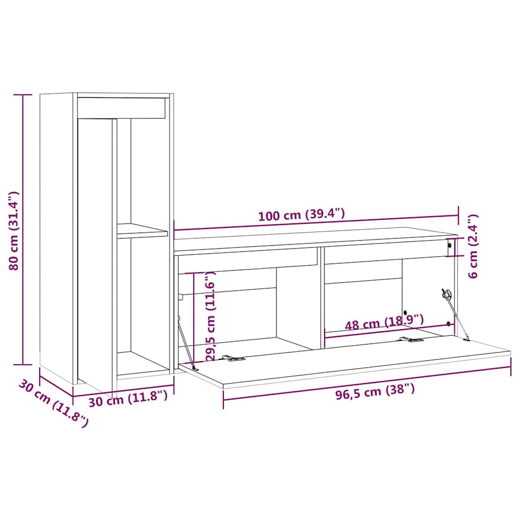 TV Cabinet | Set of 2 | White | Solid Pine Wood | Medium | TV Cabinet