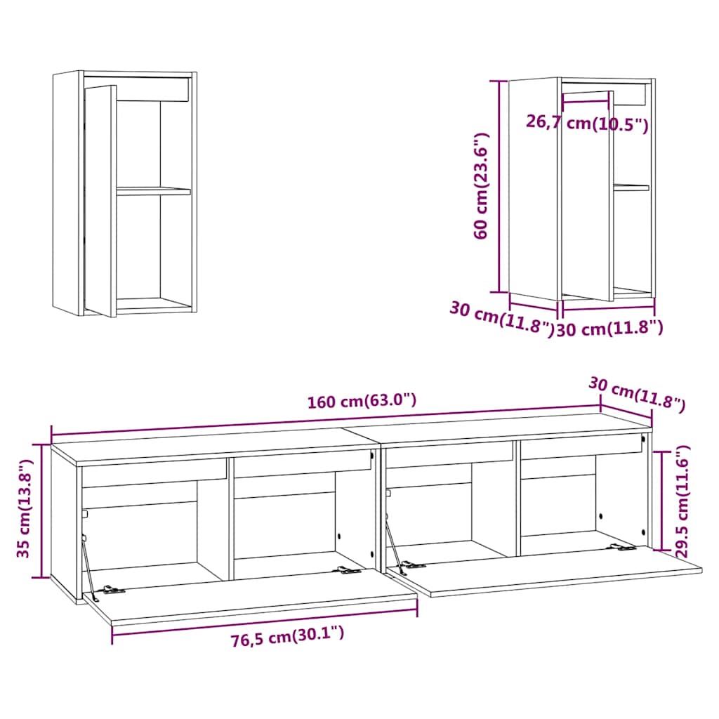 TV Cabinet | Set of 4 | White | Solid Pinewood | 4 pieces | Wall mounting