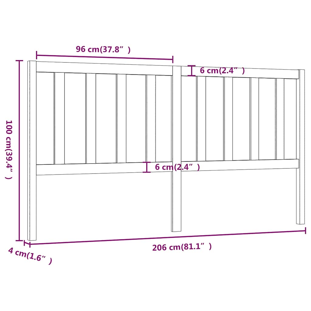 Bed Headboard | Black | Solid Pine Wood | 206x4x100 cm