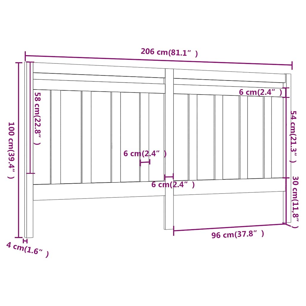 Bed Headboard Black 206x4x100 cm Solid Wood Pine