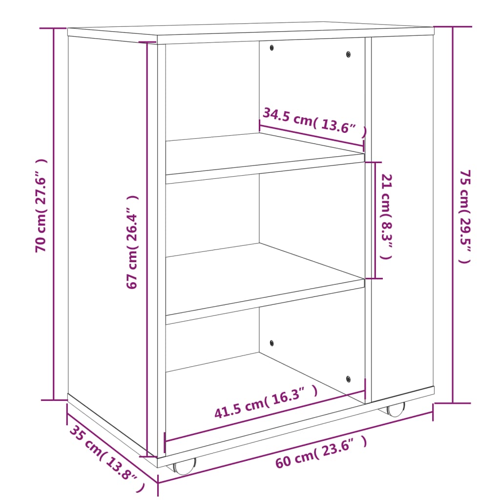 Rolling Cabinet Smoked Oak 60x35x75 cm Engineered Wood