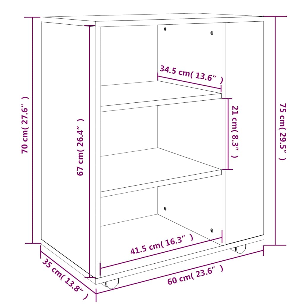 Rolling Cabinet Grey Sonoma 60x35x75 cm Engineered Wood