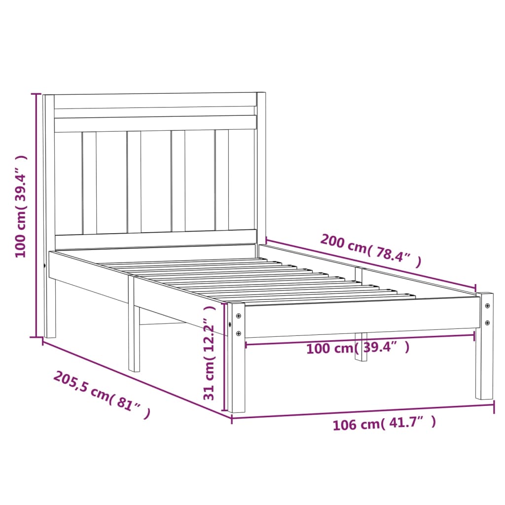 Bed Frame without Mattress White Solid Wood 100x200 cm