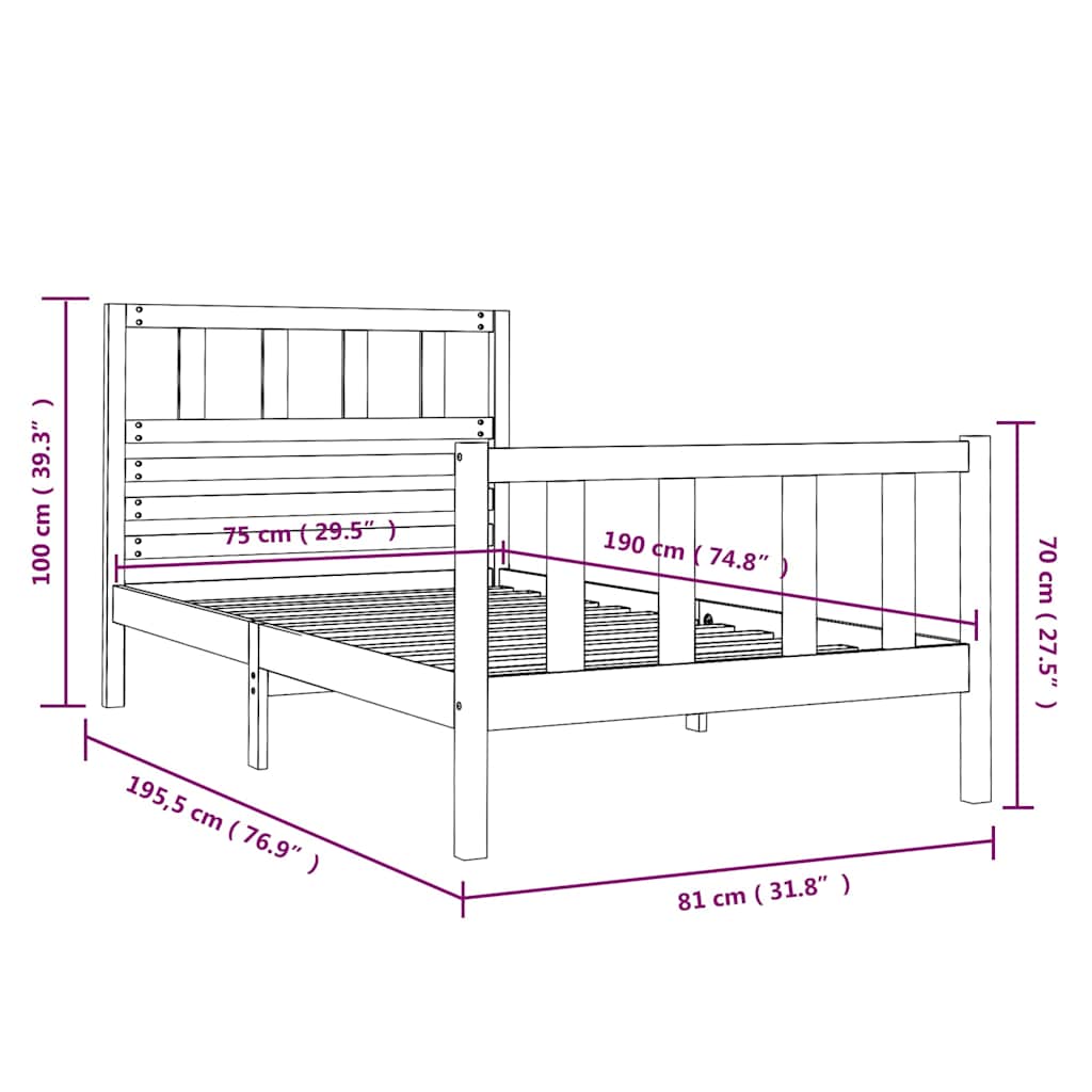Bed Frame | Black | Solid pine wood | 75x190 cm | Decorative Inlays