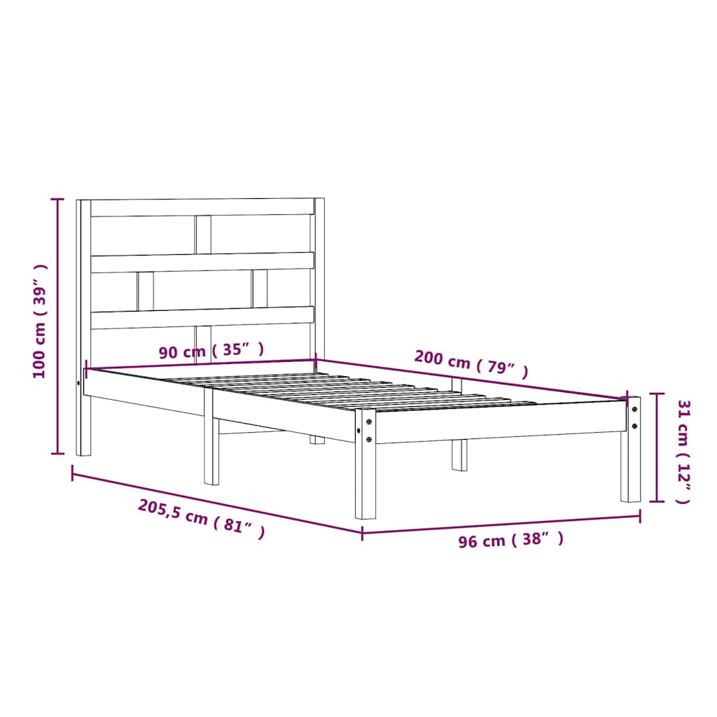 Bed Frame without Mattress Solid Wood 90x200 cm