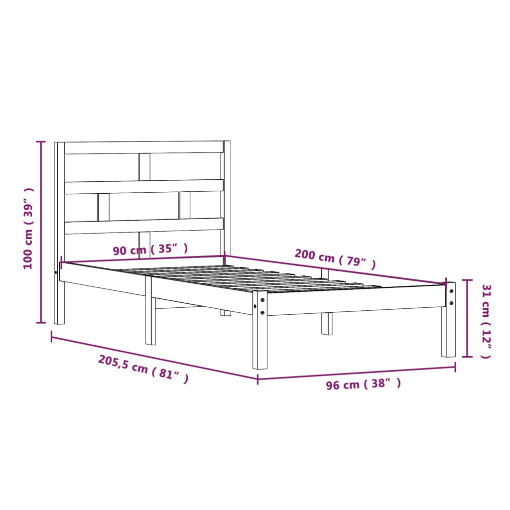 Bed Frame without Mattress White Solid Wood 90x200 cm