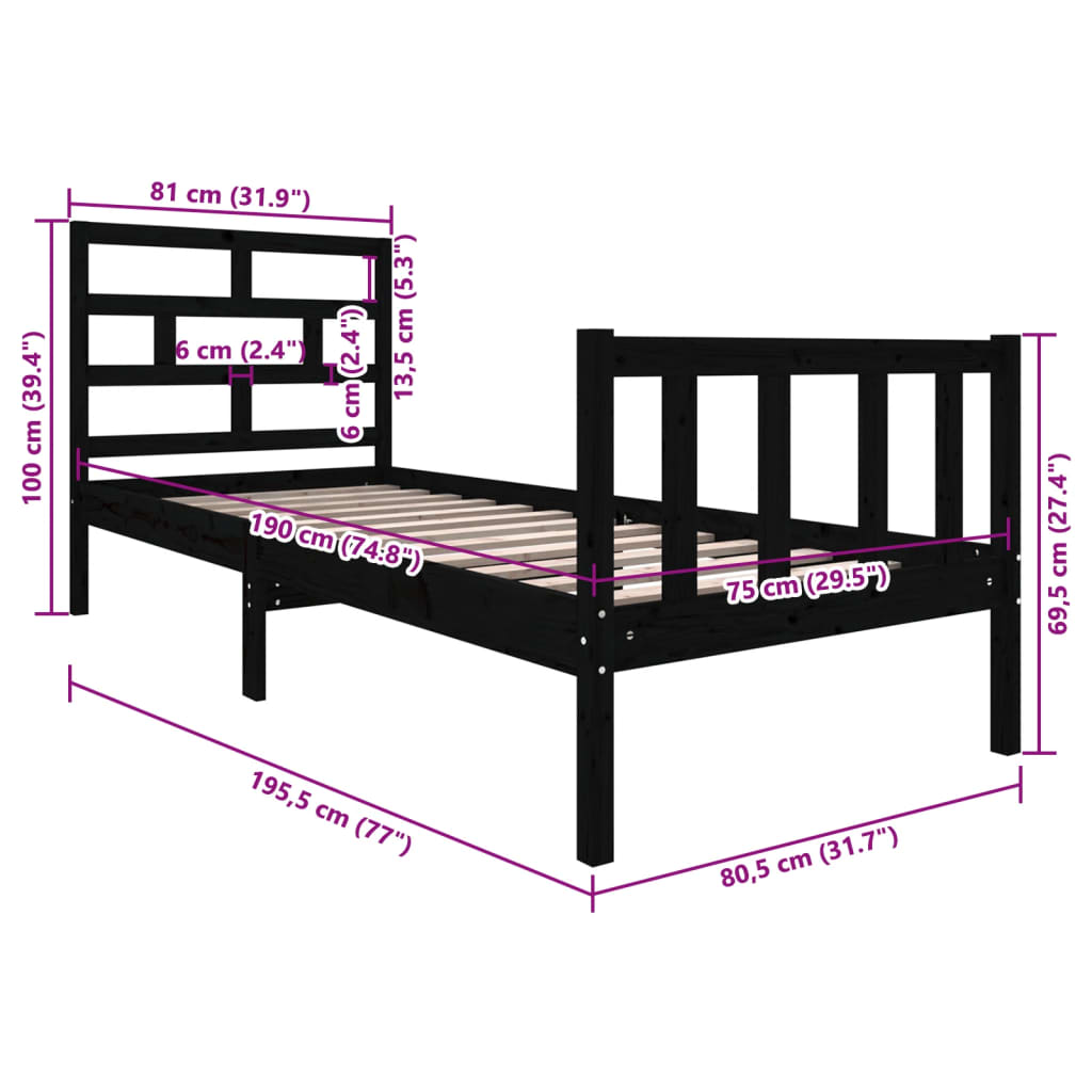 Bed Frame | Black | Solid Pine Wood | Small Single | Durable | Bed Frame
