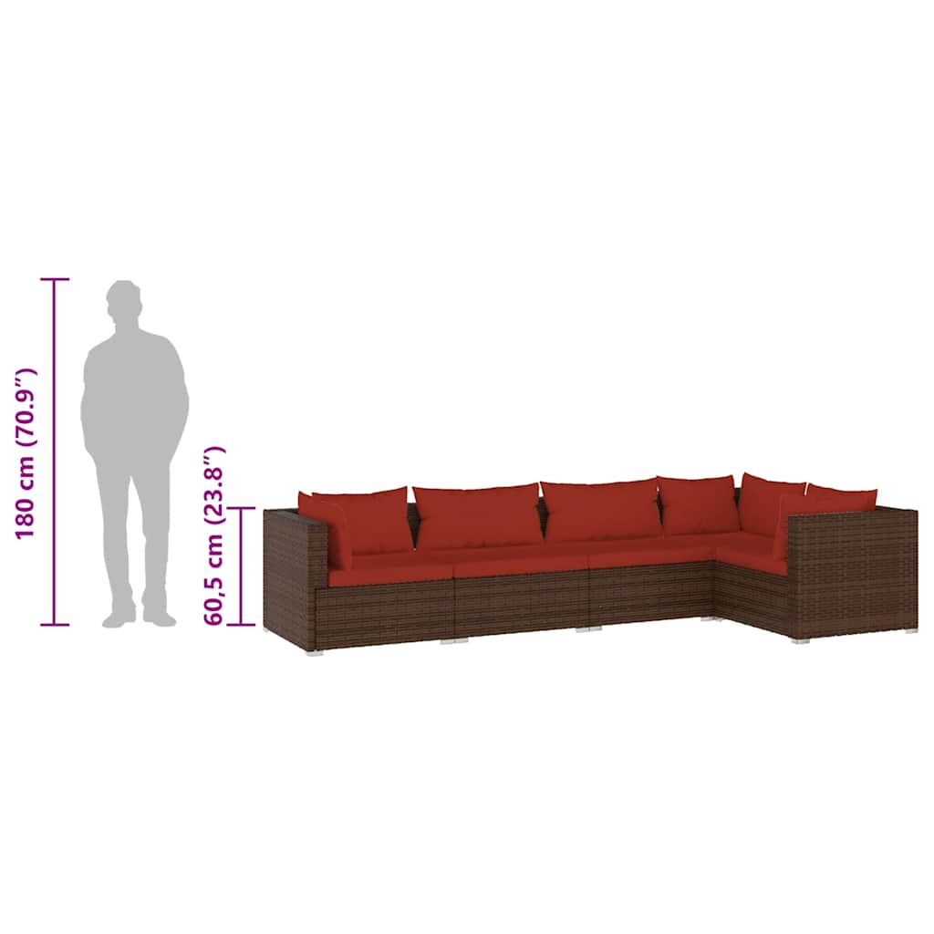 5 Piece Patio Lounge Set with Cushions Poly Rattan Brown