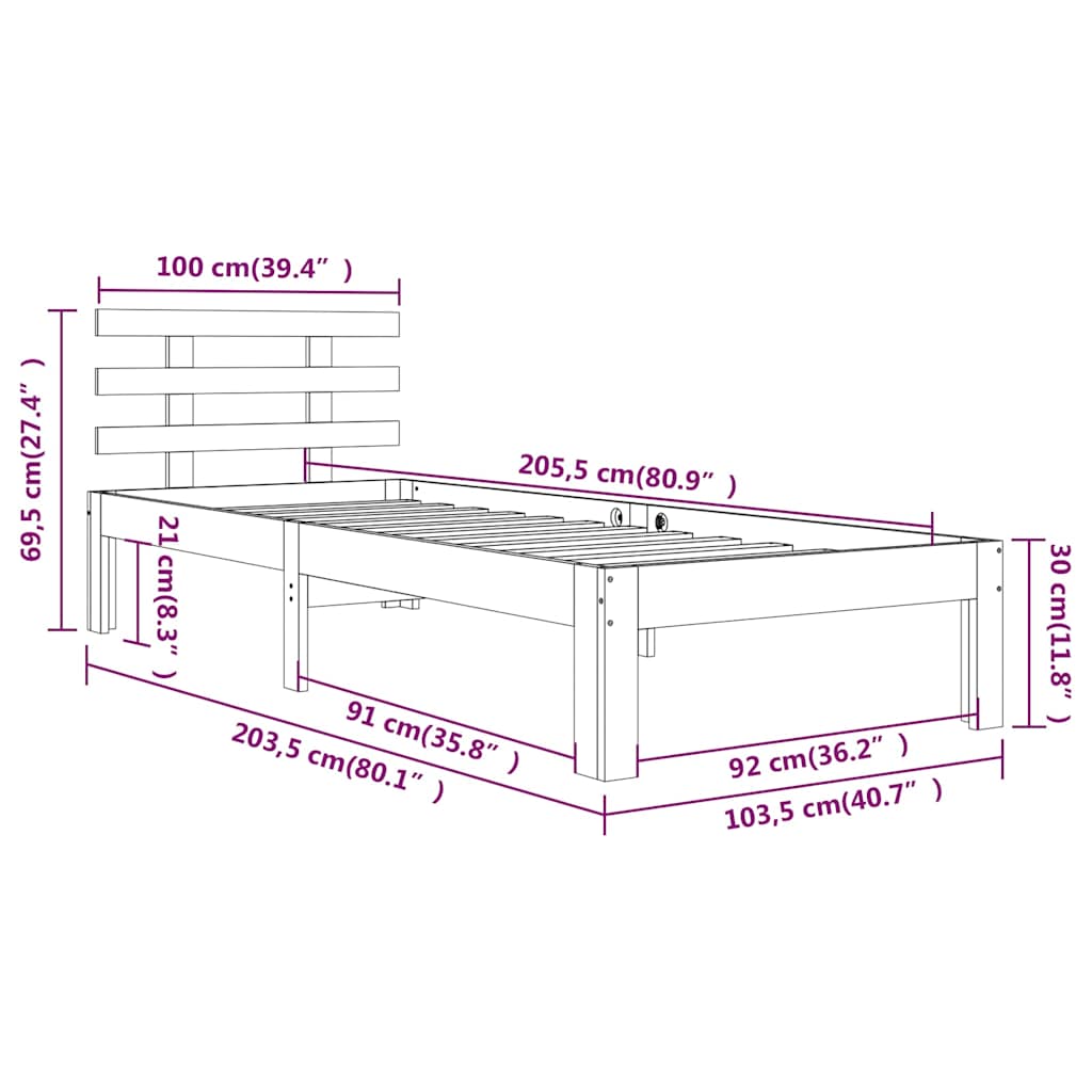 Bed Frame without Mattress White Solid Wood 100x200 cm
