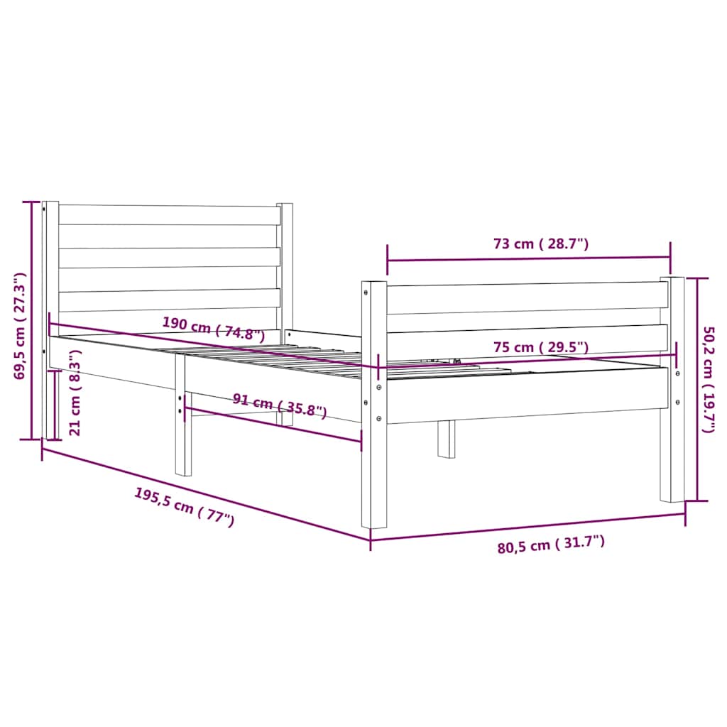 Bed Frame | Honey brown | Solid pine wood, Plywood | Small Single