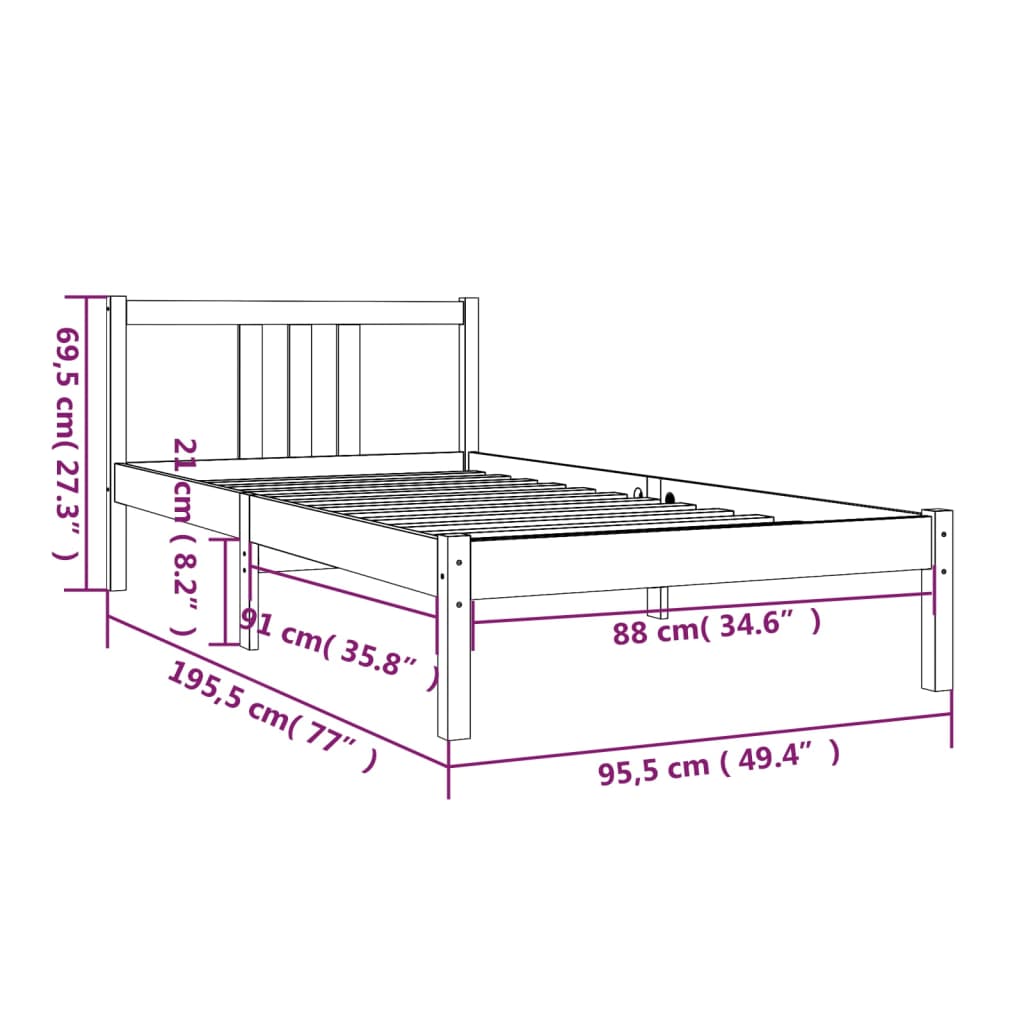 Bed Frame without Mattress Solid Wood 90x190 cm Single Single