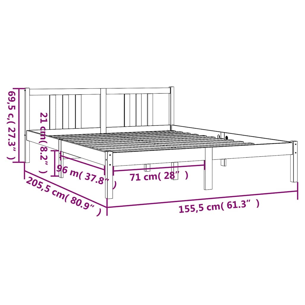 Bed Frame | Grey | Solid Pine Wood | King Size | Bed Frame | Rectangular