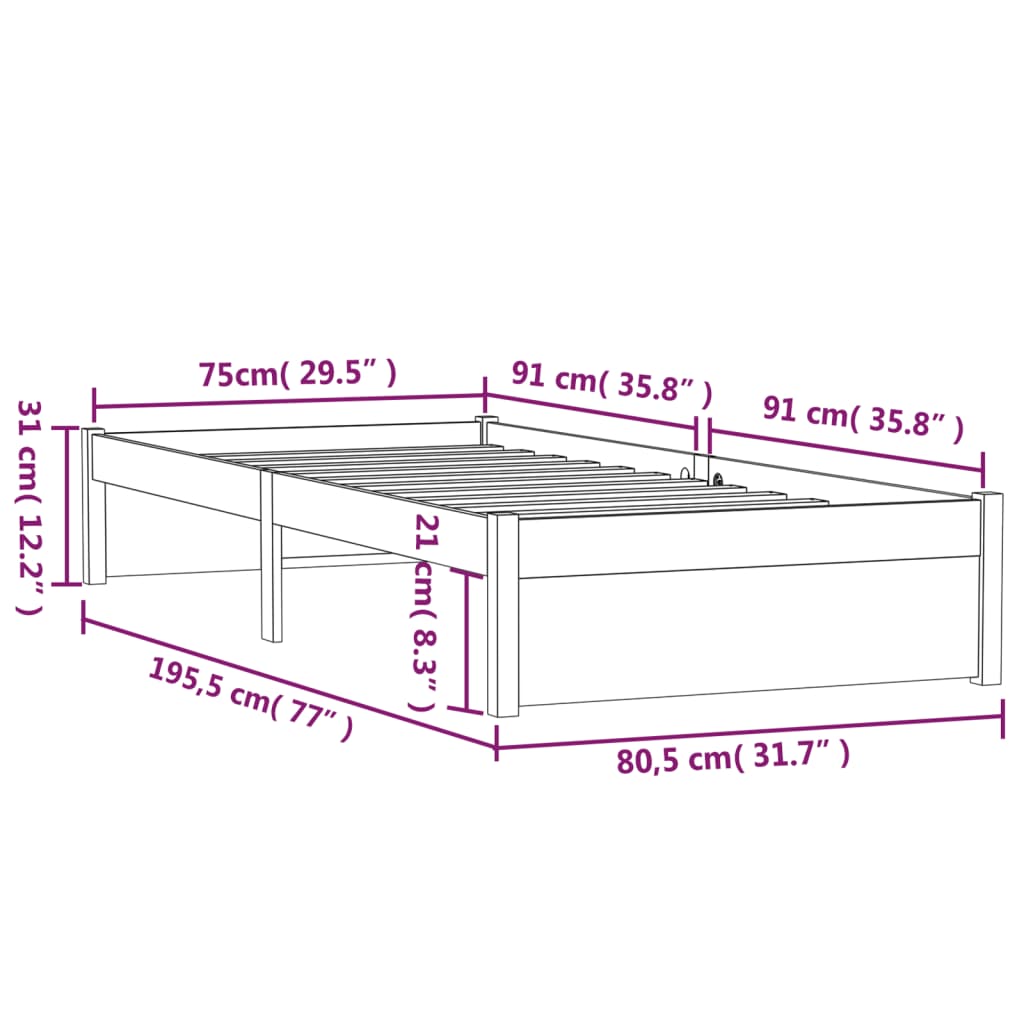 Bed Frame without Mattress Solid Wood 75x190 cm Small Single