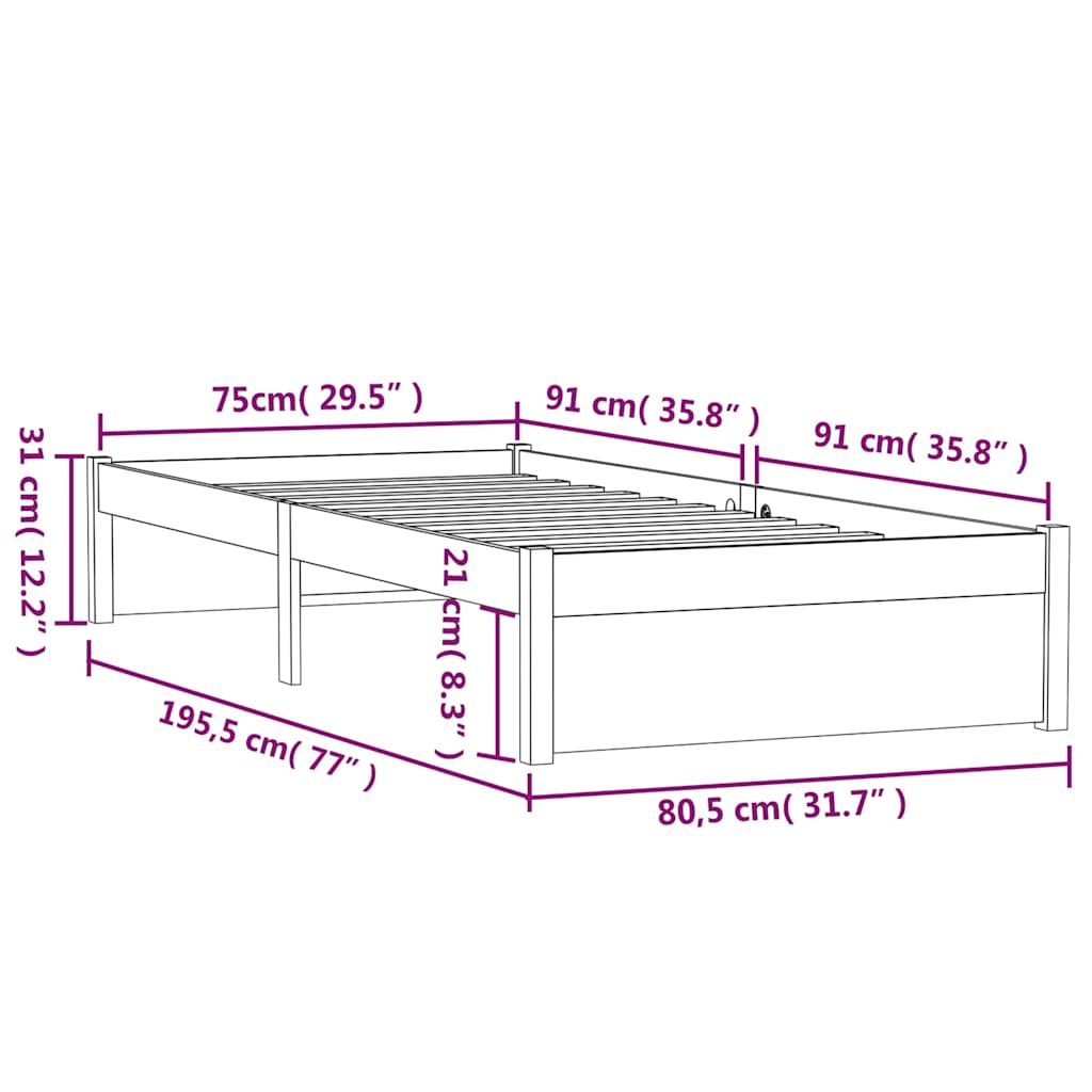 Bed Frame without Mattress Black Solid Wood 75x190 cm