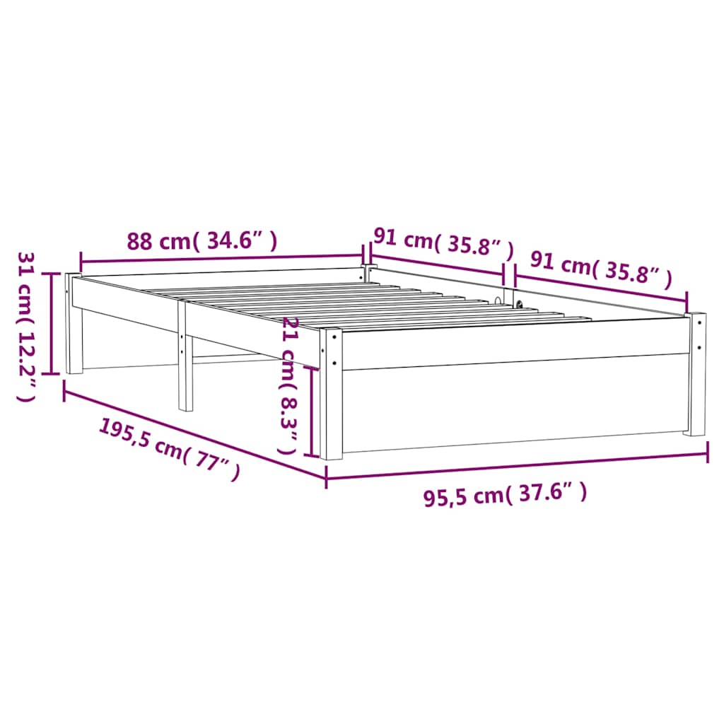 Bed Frame without Mattress Black Solid Wood 90x190 cm Single