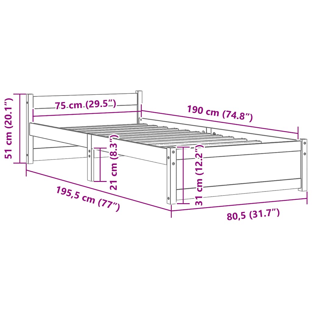Bed Frame without Mattress Solid Wood 75x190 cm Small Single