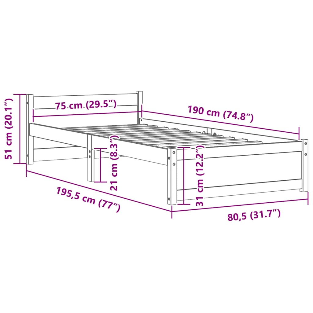 Bed Frame without Mattress Grey Solid Wood 75x190 cm Small Single