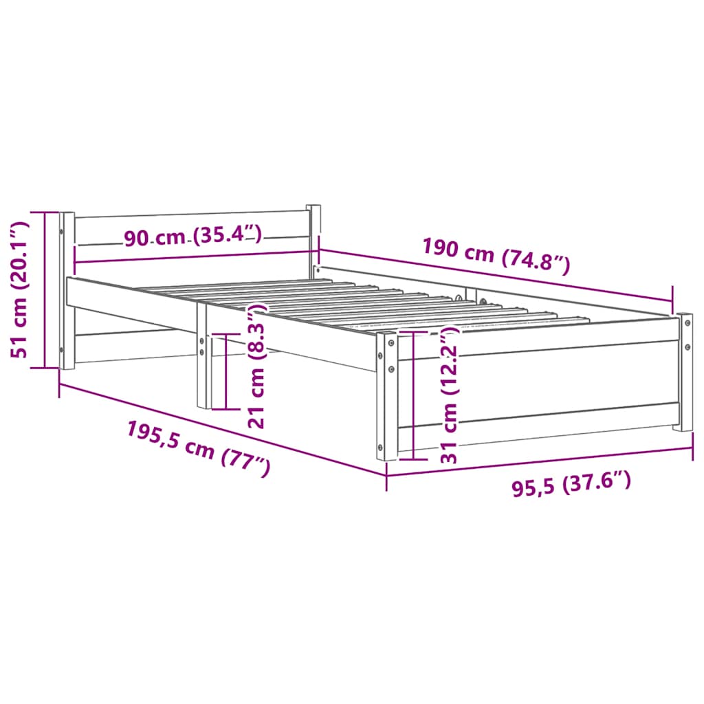 Bed Frame without Mattress White Solid Wood 90x190 cm Single