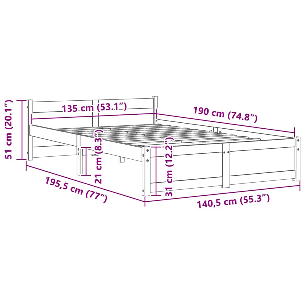 Bed Frame without Mattress Grey Solid Wood 135x190 cm Double