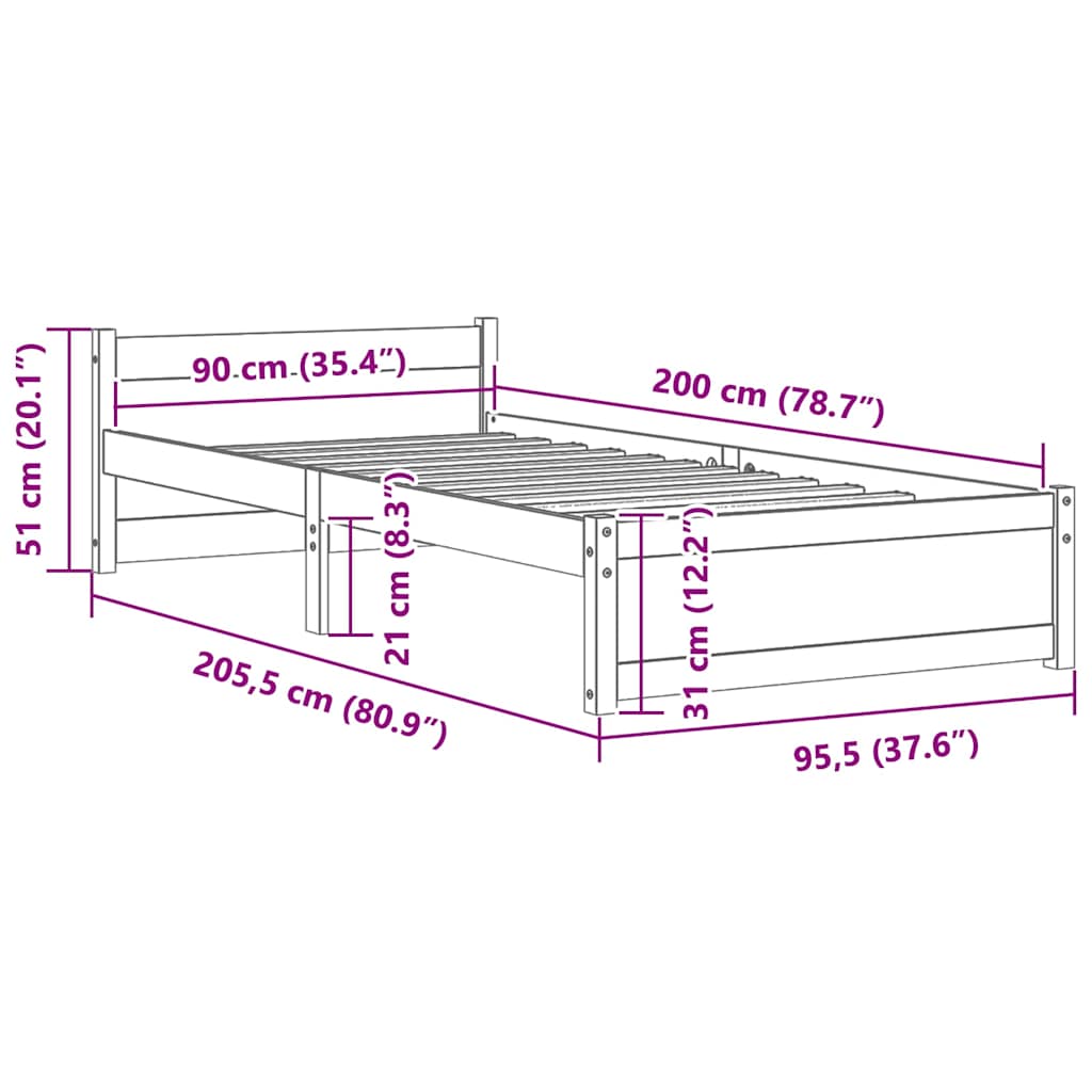 Bed Frame without Mattress Black Solid Wood 90x200 cm