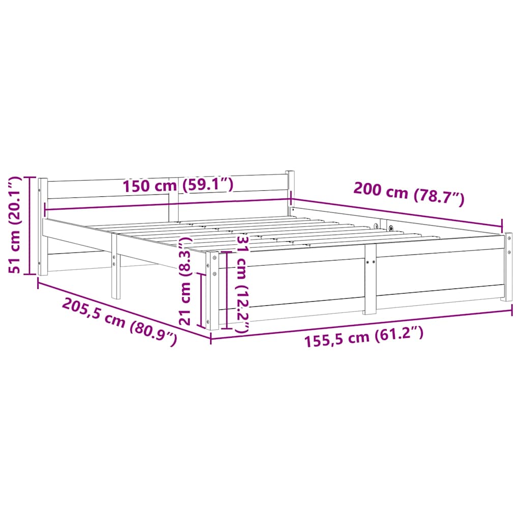Bed Frame without Mattress White Solid Wood 150x200 cm King Size