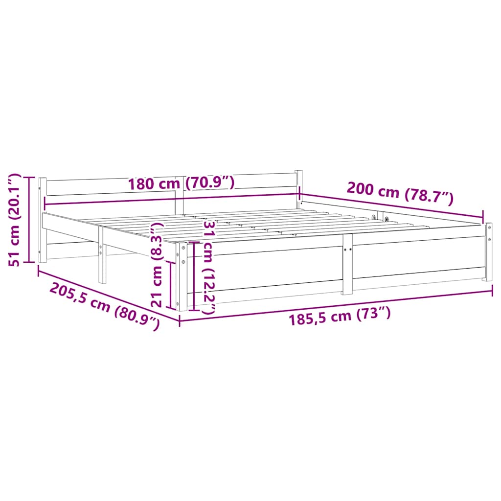 Bed Frame without Mattress White Solid Wood 180x200 cm