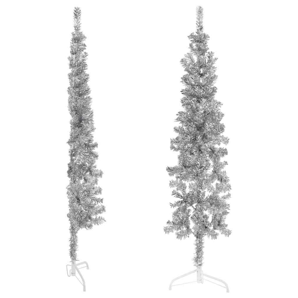 Artificial Half Christmas Tree Silver PVC, Steel Slim, 59.1 in tall