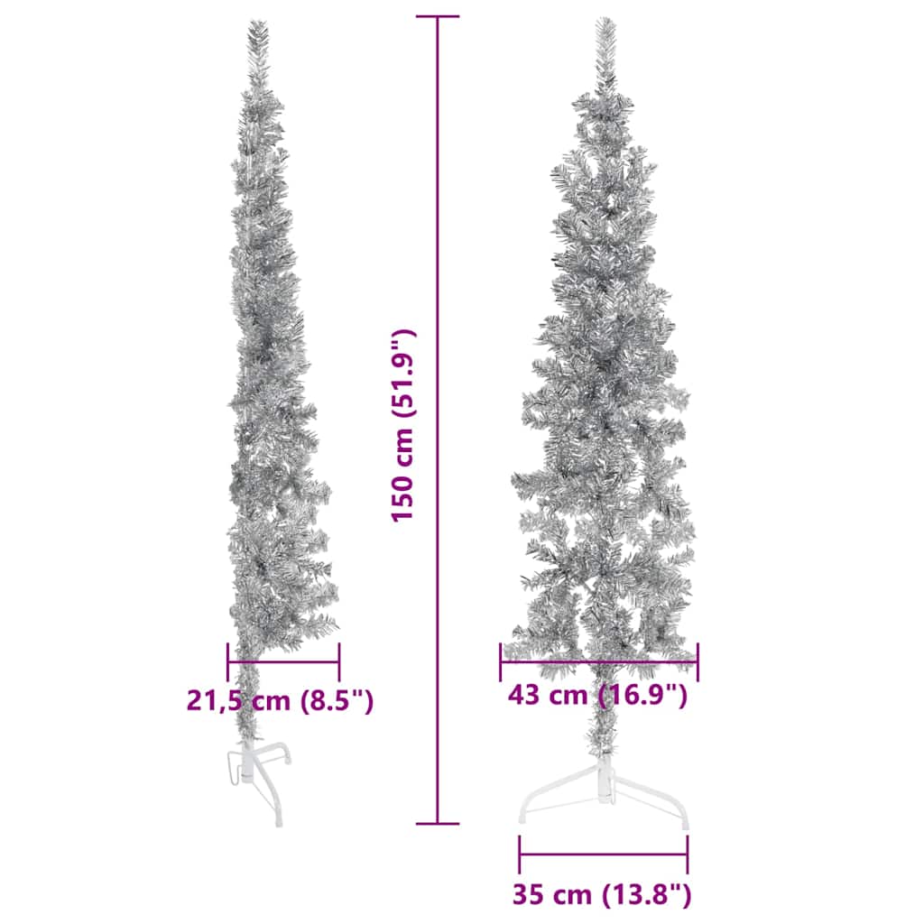 Artificial Half Christmas Tree Silver PVC, Steel Slim, 59.1 in tall