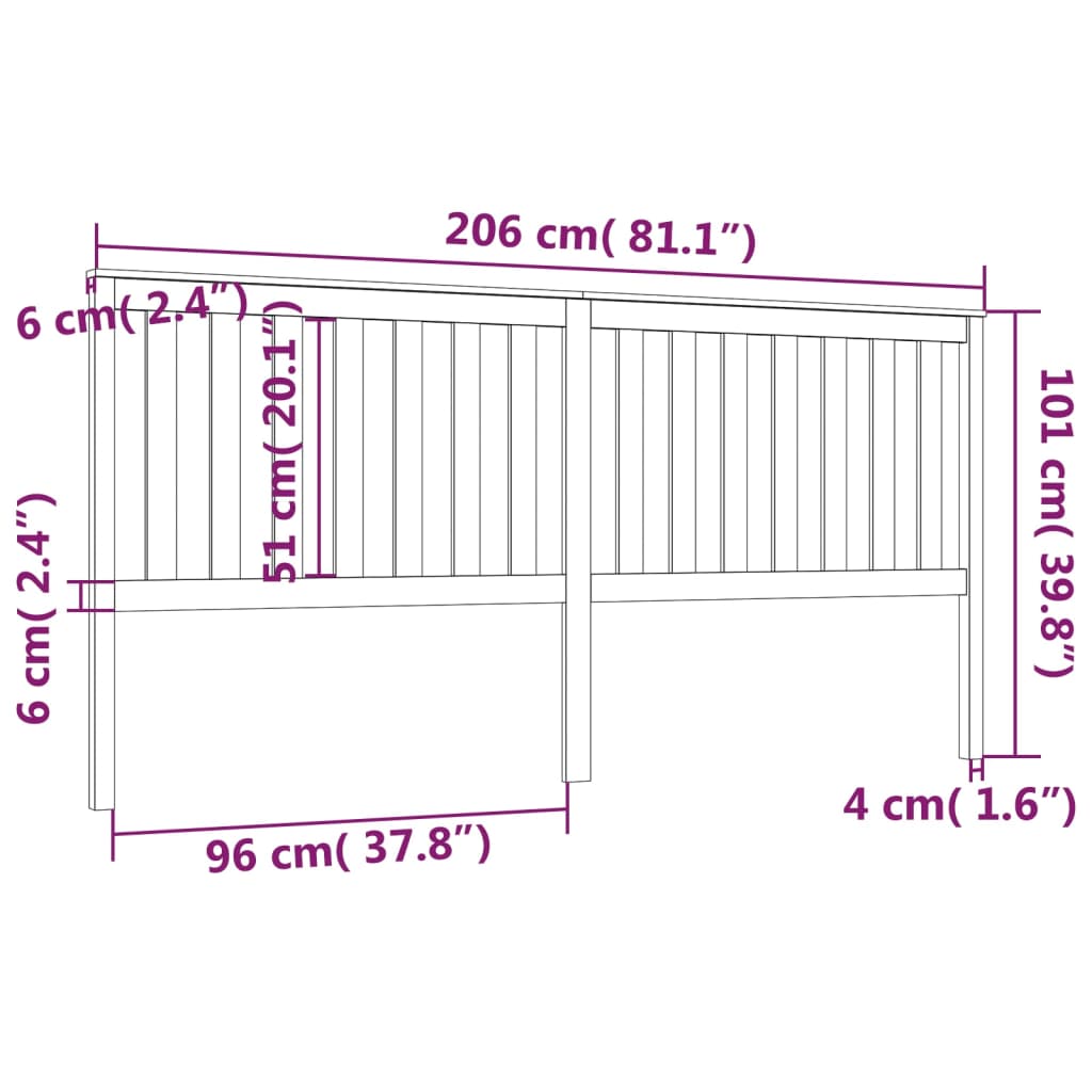 Bed Headboard | Black | Solid Pine Wood | 206x6x101 cm
