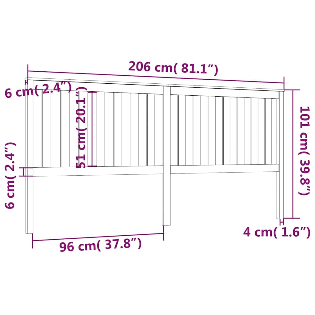 Bed Headboard Black 206x6x101 cm Solid Wood Pine