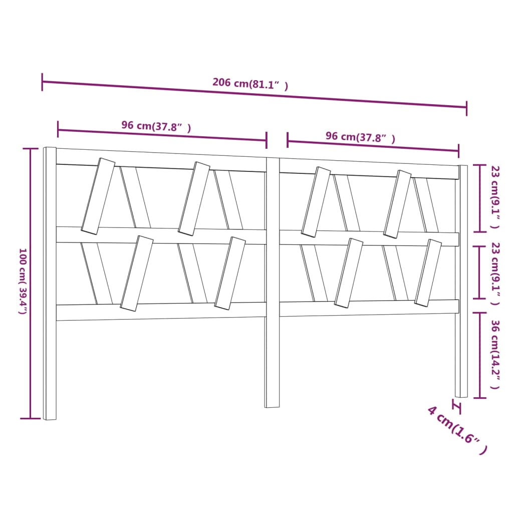 Bed Headboard | Grey | Solid pine wood | 206x4x100 cm | Decorative Inlays