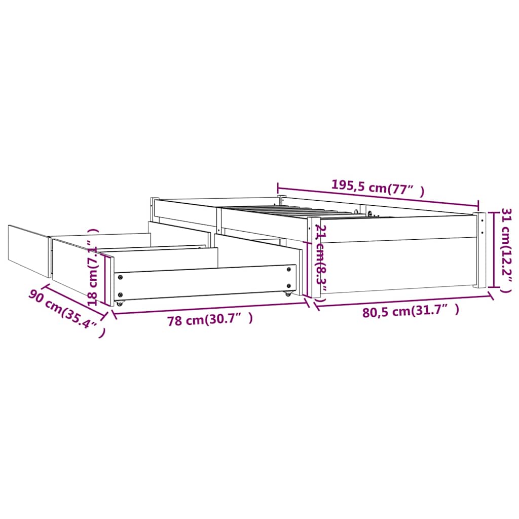 Bed Frame without Mattress with Drawers Small Single