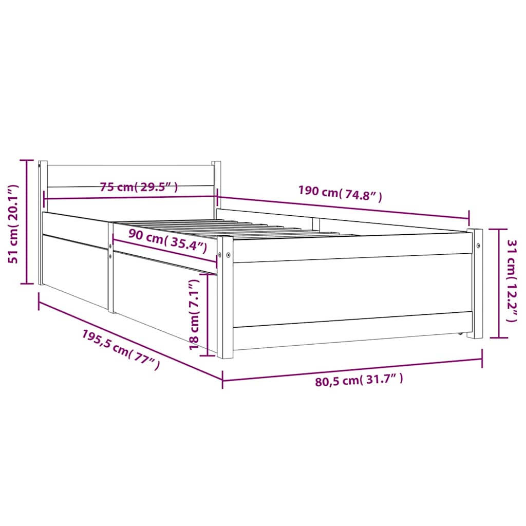 Bed Frame | Natural Wood | Solid pine wood | Small Single | Bed Frame