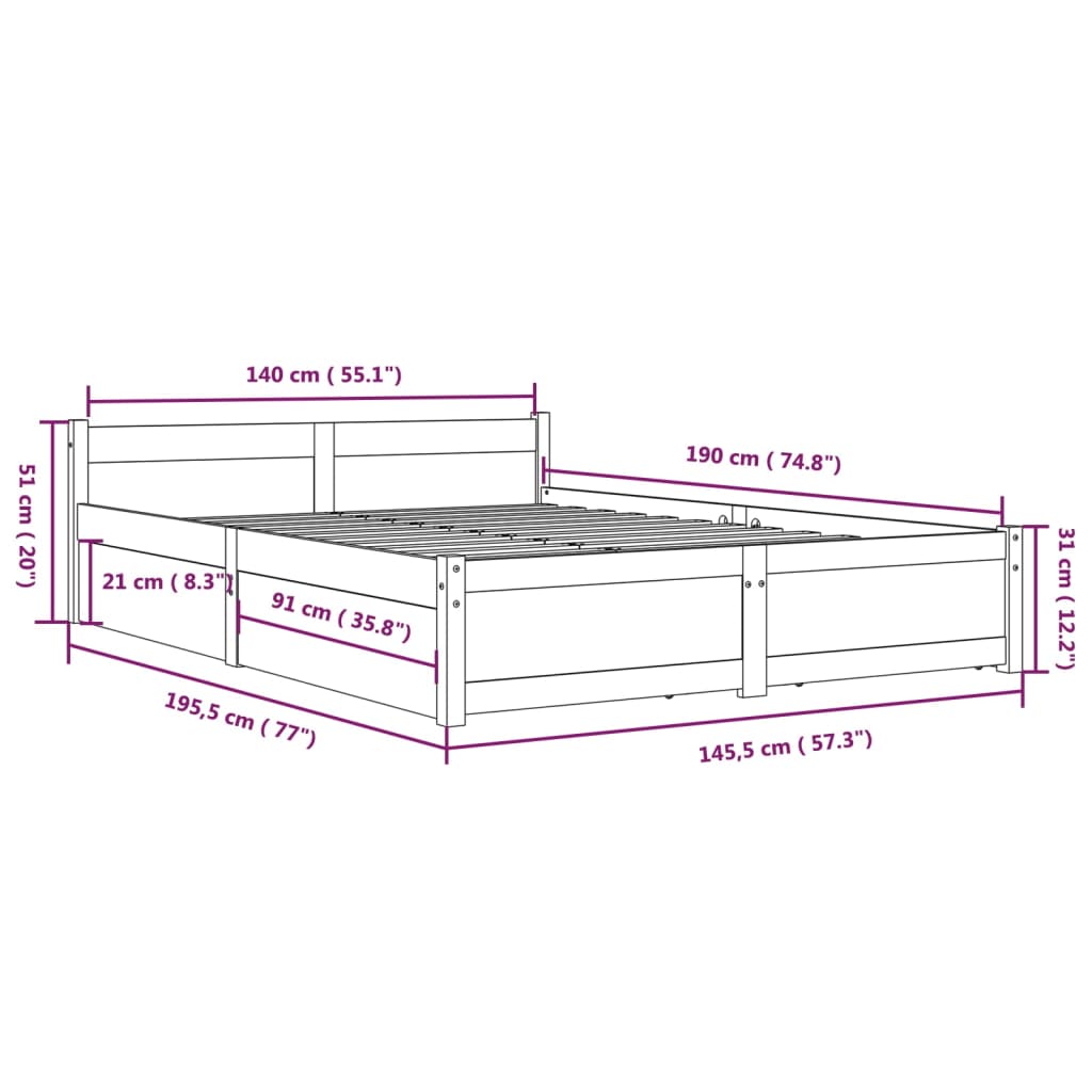 Bed Frame without Mattress with Drawers White 140x190 cm