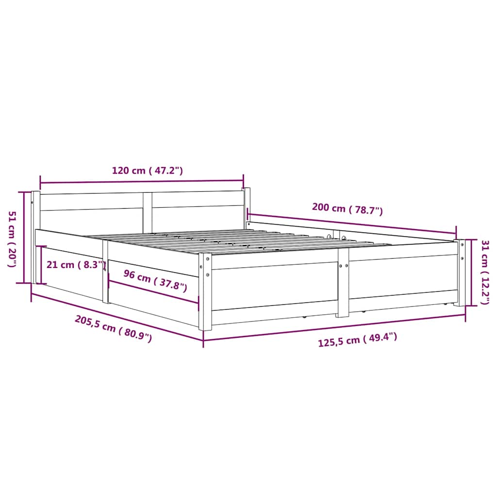 Bed Frame | Natural | Solid pine wood | 120x200 cm | Bed Frame