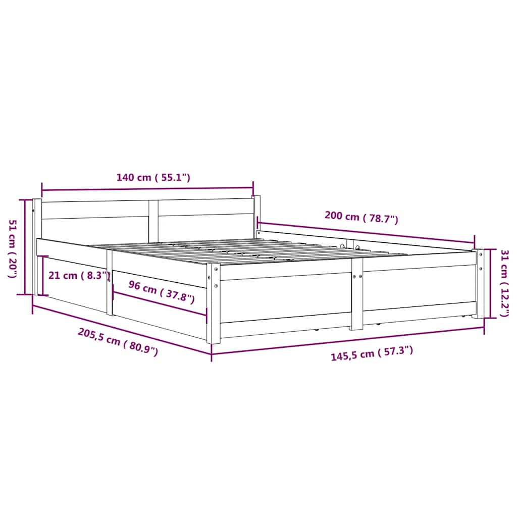 Bed Frame without Mattress with Drawers White 140x200 cm