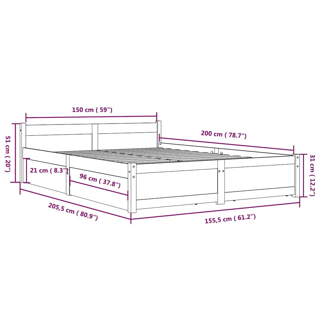 Bed Frame without Mattress with Drawers White King Size