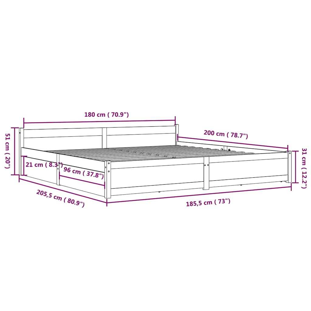 Bed Frame | White | Solid pine wood | Super King | Bed Frame