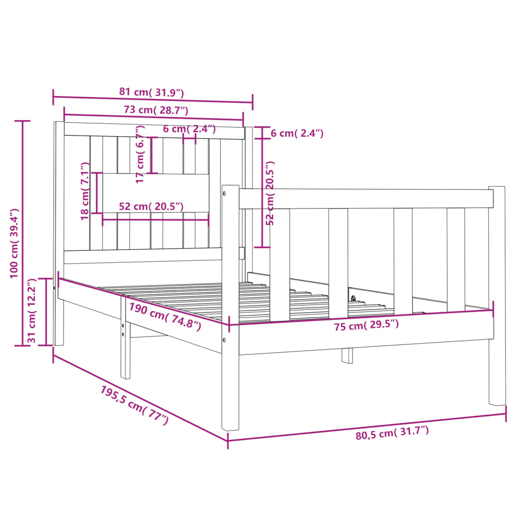 Bed Frame | Black | Solid pine wood | Small Single | Bed Frame