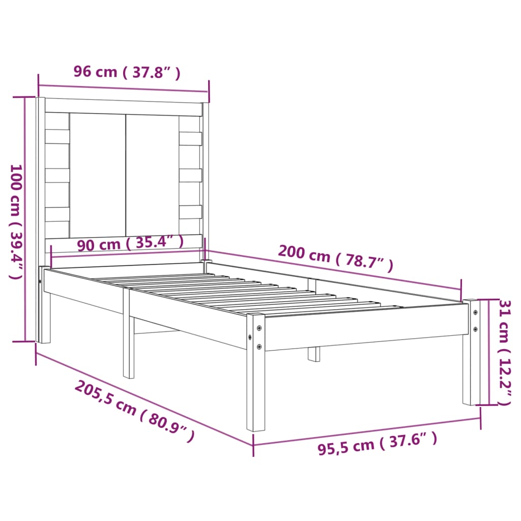 Bed Frame | Natural wood colour | Solid Pine Wood | 90x200 cm | Durable