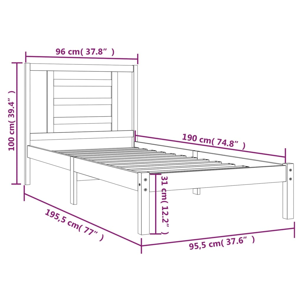 Bed Frame | Natural | Solid Pine Wood | 90 x 190 cm | Classic/Traditional