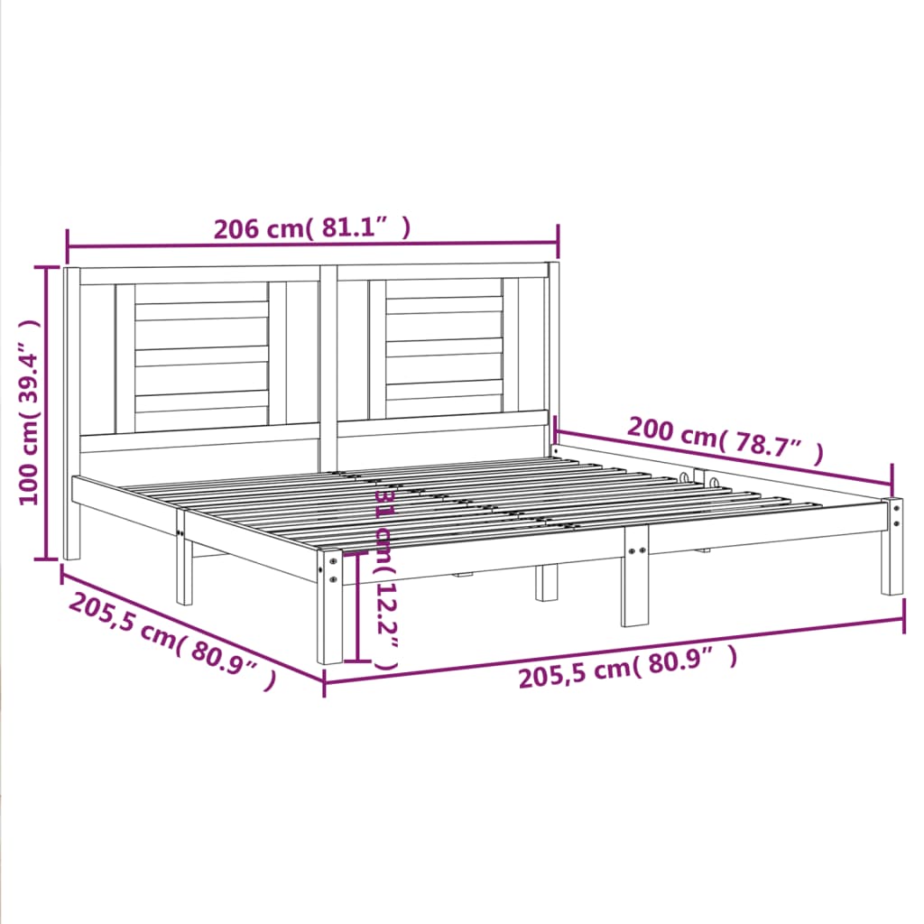 Bed Frame | White | Solid Pine Wood | 200x200 cm | Bed Frame