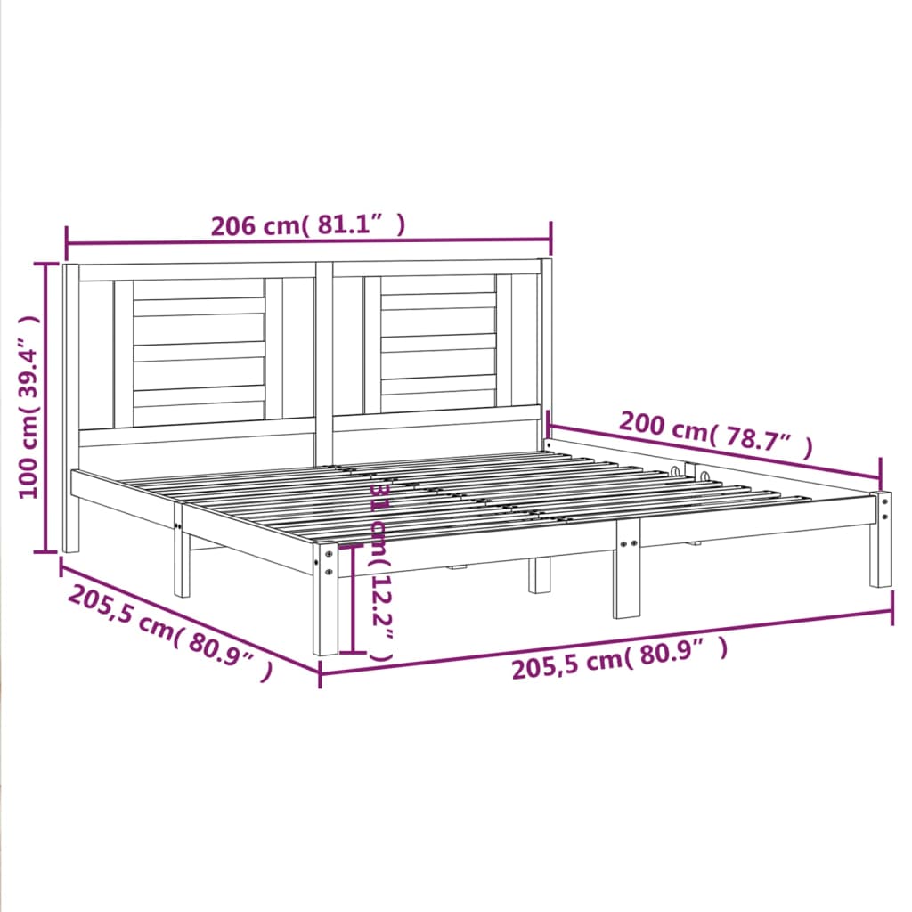 Bed Frame | Grey | Solid Pine Wood | 200x200 cm | Classic/Traditional